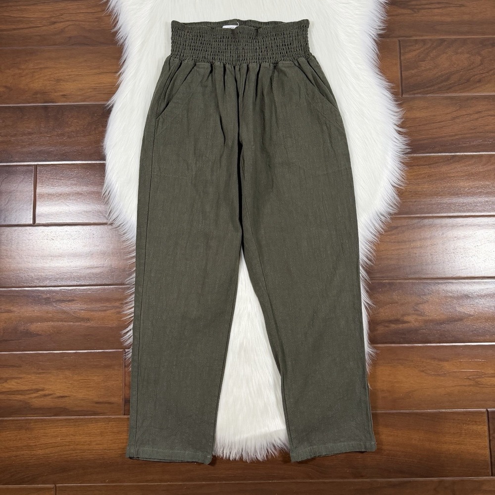 Emme Size Small Green Maternity Everyday Transitional Smocked Linen Ankle Pants